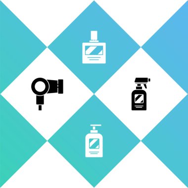 Saç kurutma makinesi, şampuan şişesi, tıraş losyonu ve kuaför tabancası sprey ikonu. Vektör