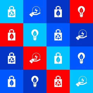 Kağıt torbayı geri dönüşümlü, yıldırımlı, alışveriş ve ampul yaprağı ikonlu ayarla. Vektör