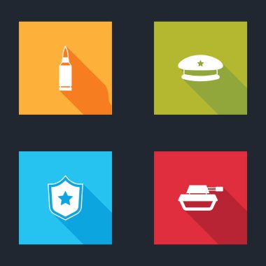 Mermi, asker beresi, polis rozeti ve tank ikonu. Vektör