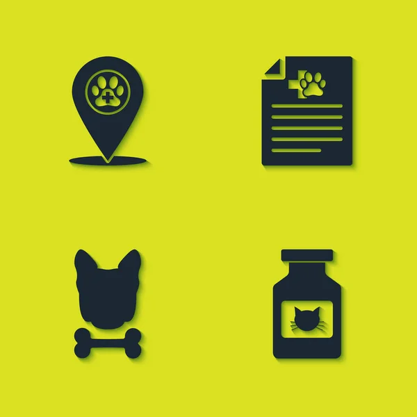 Set Locatie veterinair, Cat medicijn fles, Hond en been en Medisch certificaat voor hond of pictogram. Vector — Stockvector