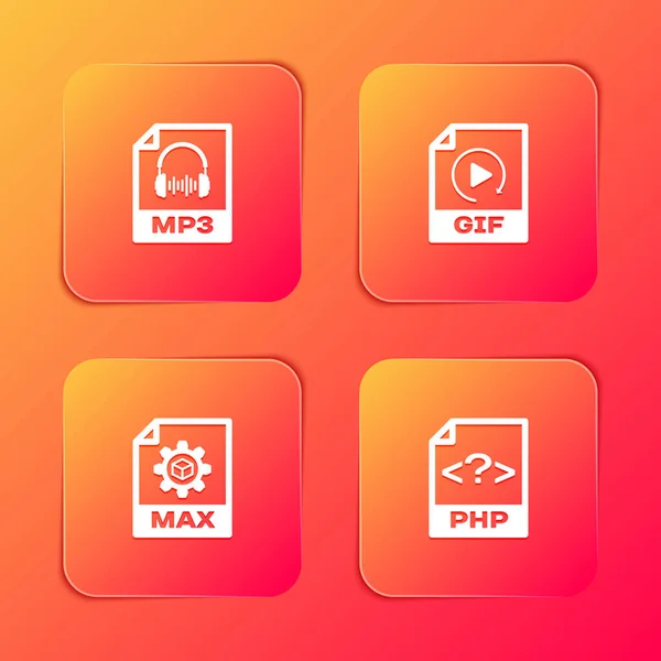 Définir le document de fichier MP3, GIF, MAX et PHP icône. Vecteur — Image vectorielle