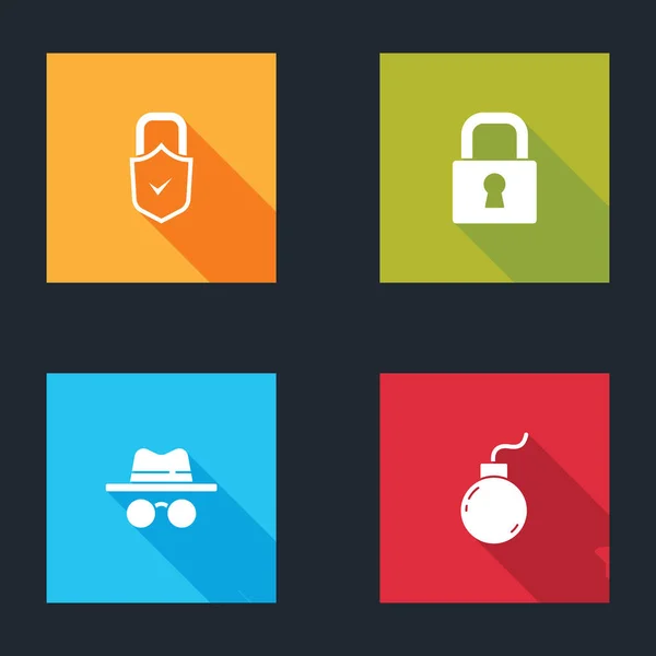 Set Lock en vinkje,, Incognito modus en Bomb klaar exploderen pictogram. Vector — Stockvector