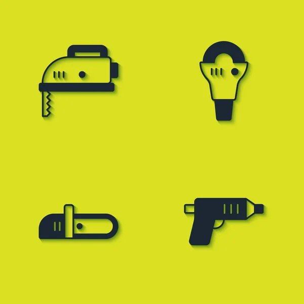 Set Elektrická skládačka, bezdrátový šroubovák, Řetězová pila a ikona úhlové brusky. Vektor — Stockový vektor
