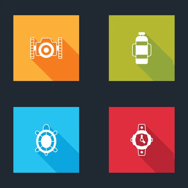 Set Fotocamera voor duiker, Aqualung, Turtle en Diving horloge icoon. Vector — Stockvector