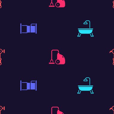 Küvet, yatak, elektrik süpürgesi ve çekiç düzenini kusursuz hale getirin. Vektör