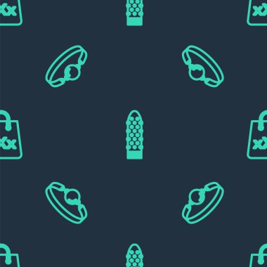 Set line Dildo vibrator, Silicone ball gag and Shopping bag with triple X on seamless pattern. Vector