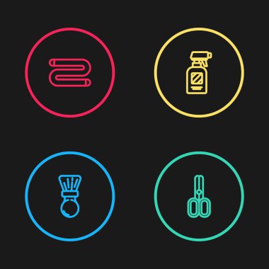 Tıraş fırçası, makas kuaförü, kuaför tabancası sprey şişesi ve havlu ikonu. Vektör