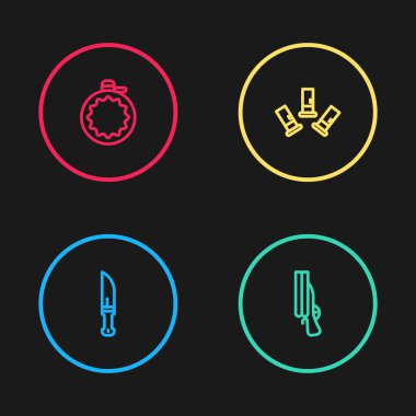 Avcı bıçağı, av tüfeği, kartuşlar ve kantin su şişesi ikonu. Vektör