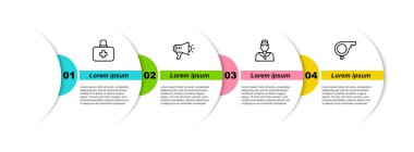 İlk yardım çantası, megafon, beyzbol koçu ve ıslık çal. Ticari bilgi şablonu. Vektör