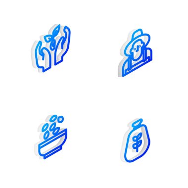 Isometric Line Farmer 'ı şapkaya, bitki eline, tohum kasesine ve un ikonuna yerleştir. Vektör