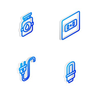 Isometric hattı elektrik prizini, propan benzin deposunu, fişi ve LED ampul ikonunu ayarla. Vektör
