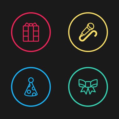 Parti şapkası, hediye yayı, mikrofon ve kutu ikonu. Vektör