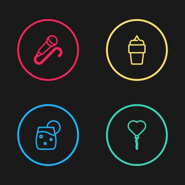 Kokteyl, kalp şeklinde balonlar, dondurma külahı ve mikrofon ikonu. Vektör