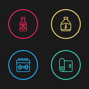 Takvim uygunluğu, spor paspas rulosu, spor beslenme ve vitamin ikonu. Vektör