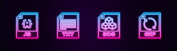 Ustaw linię dokumentu JS, TXT, 3DS i GIF. Świecąca neonowa ikona. Wektor — Wektor stockowy