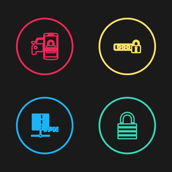 Set line Szerver VPN, Zár, Jelszó védelem és Smart car biztonsági rendszer ikon. Vektor — Stock Vector