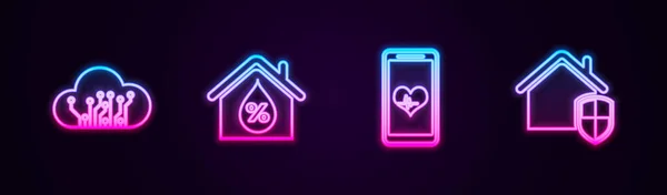 Set baris Internet dari hal-hal, kelembaban rumah, Mobile dengan detak jantung dan di bawah perlindungan. Glowing ikon neon. Vektor - Stok Vektor