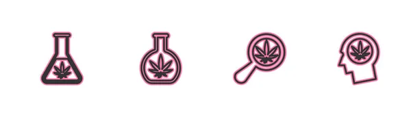 Réglez le tube à essai avec de la marijuana, du verre grossissant et une icône de profil de tête. Vecteur — Image vectorielle