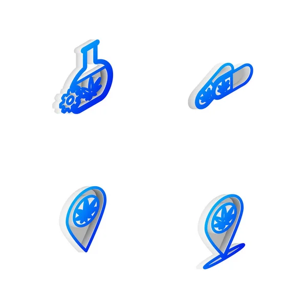 Set Isometric line Pilules médicales avec marijuana, éprouvette, emplacement et icône. Vecteur — Image vectorielle