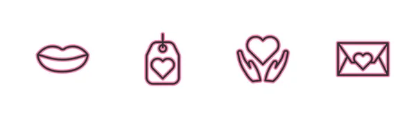 Definir linha lábios sorridentes, mão do coração, tag e Envelope com ícone de coração Valentim. Vetor —  Vetores de Stock
