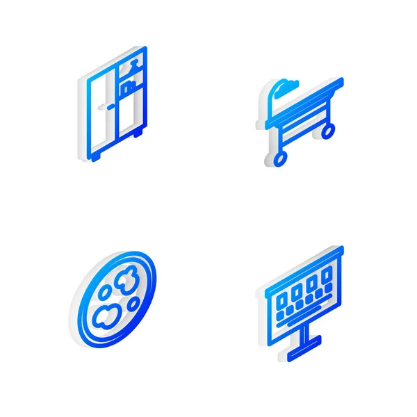 Set Isometrische Linie Operationstisch, Medikamentenschrank, Petrischale mit Bakterien und Diagrammsymbol für den Augentest. Vektor — Stockvektor