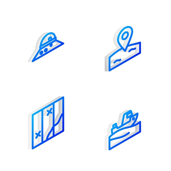 Set Isometric line Location fishing, Fisherman hat, Folded map and Fishing boat water icon. Vektor — Stockový vektor