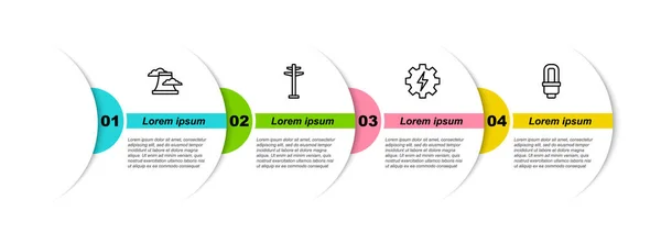 Ligne de consigne Centrale nucléaire, Tour électrique, Engrenage et foudre et ampoule LED. Modèle d'infographie d'entreprise. Vecteur — Image vectorielle