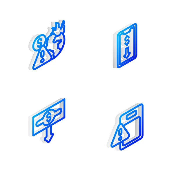 Set Isometric line Mobile trading boursier, Crise économique mondiale, Diminution du taux de change du dollar et icône. Vecteur — Image vectorielle