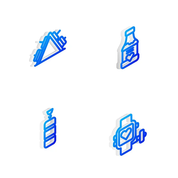Defina a linha isométrica Vitaminas, rack de metal com peso, saco de perfuração e ícone de coração de relógio inteligente. Vetor —  Vetores de Stock