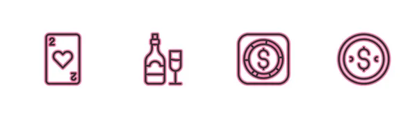 Set Linie Spielkarte mit Herz, Münzgeld Dollar, Champagnerflasche Glas und Symbol. Vektor — Stockvektor