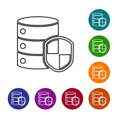 Beyaz arkaplanda kalkan simgesi olan siyah çizgi sunucusu. Saldırılara karşı koruma. Ağ güvenlik duvarı, yönlendirici, anahtar, veri. Simgeleri renk daire düğmelerine ayarla. Vektör İllüstrasyonu