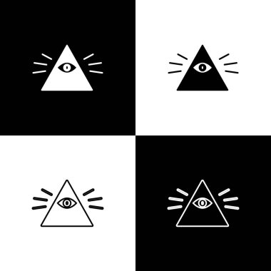 Tanrı 'nın her şeyi gören gözü simgesini siyah beyaz arka planda izole et. Üçgendeki Tanrı 'nın Gözü. Vektör İllüstrasyonu