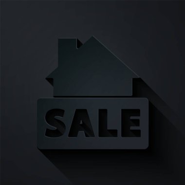 Kağıt kesiği asma işareti ve siyah arkaplanda izole edilmiş metin satışı simgesi. Mesaj indirimli tabela. Kağıt sanatı tarzı. Vektör