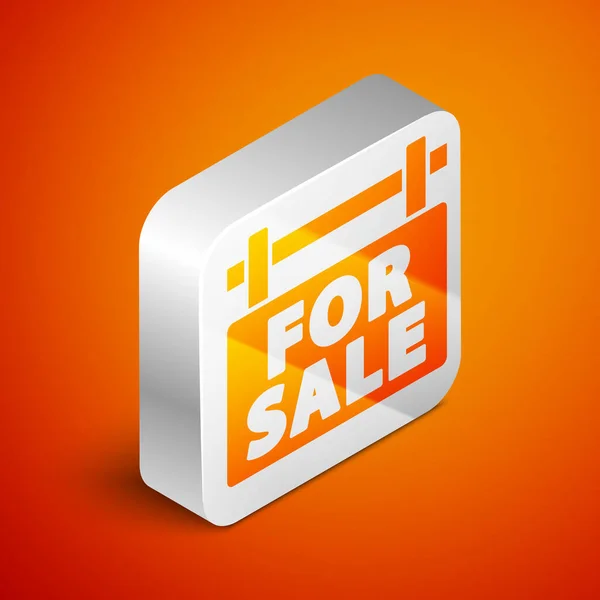 Isometrisches Hängeschild mit Text zum Verkauf auf orangefarbenem Hintergrund. Schild mit Text zu verkaufen. Silberner quadratischer Knopf. Vektor — Stockvektor