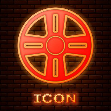 Duvarın arkasında izole edilmiş bir araba simgesi için parlayan neon alloy tekerleği. Vektör