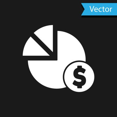Beyaz Turta grafiği ve dolar sembolü simgesi siyah arkaplanda izole edildi. Diyagram çizelgesi. Vektör