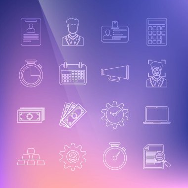 Arama, dizüstü bilgisayar, yüz tanıma, kimlik kartı, Takvim, Kronometre ve Megaphone simgesi ile satır belgesi ayarla. Vektör