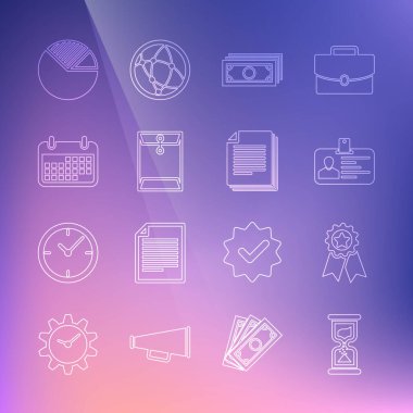 Eski Kum Saati, Yıldız Madalyası, Kimlik kartı, Kağıt Para Yığını, Zarf, Takvim, Çizelge ve Belge simgesi. Vektör