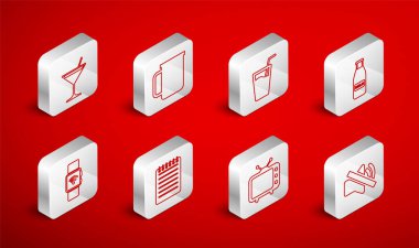 Hoparlör, kahve fincanı, su, süt ve kapaklı bardak televizyon, Martini bardağı, Not Defteri ve Kablosuz Smartwatch ikonu. Vektör