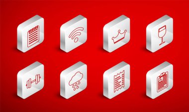 Özgeçmişli satır panosu, kablosuz ağ, Crown, şarap bardağı, kağıt para çeki, Not Defteri, Bulut Yağmuru ve Dumbbell ikonu. Vektör