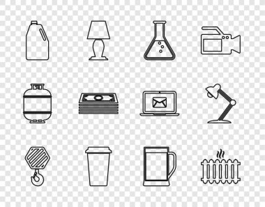 Hattı ayarla, endüstriyel kanca, ısıtma radyatörü, test tüpü ve matarası, kahve bardağı, ev yapımı kimyasalları şişesi, kağıt para yığını, cam bira ve masa lambası ikonu. Vektör