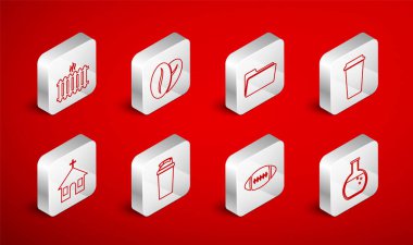 Test tüpü ve matara, kahve çekirdekleri, klasör, bardak, Amerikan futbolu, ısıtma radyatörü, fitness karıştırıcı ve kilise binası ikonu. Vektör