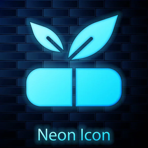 Leuchtende Neon Medical Pille mit Pflanzensymbol isoliert auf Backsteinwand Hintergrund. Kräuterpille. Vektor — Stockvektor