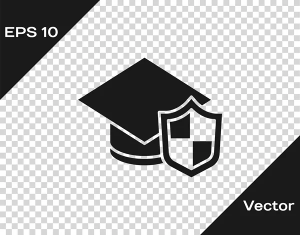 Gorra de graduación negra con icono de escudo aislado sobre fondo transparente. Concepto de seguro. Seguridad, seguridad, protección, concepto de protección. Vector . — Vector de stock