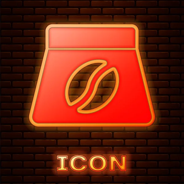 Leuchtende Neon-Tasche mit Kaffeebohnen-Symbol isoliert auf Backsteinwand Hintergrund. Vektor — Stockvektor
