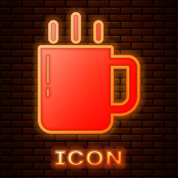 Icono de taza de café de neón brillante aislado en el fondo de la pared de ladrillo. Taza de té. Café caliente. Vector — Archivo Imágenes Vectoriales