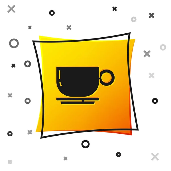 Beyaz arkaplanda siyah kahve bardağı simgesi var. Çay fincanı. Sıcak içecek kahvesi. Sarı kare düğme. Vektör — Stok Vektör