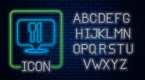 Brilhante neon Café e restaurante ícone de localização isolado no fundo da parede de tijolo. Fork and spoon eatery sign inside pinpoint. Alfabeto claro de néon. Vetor. — Vetor de Stock
