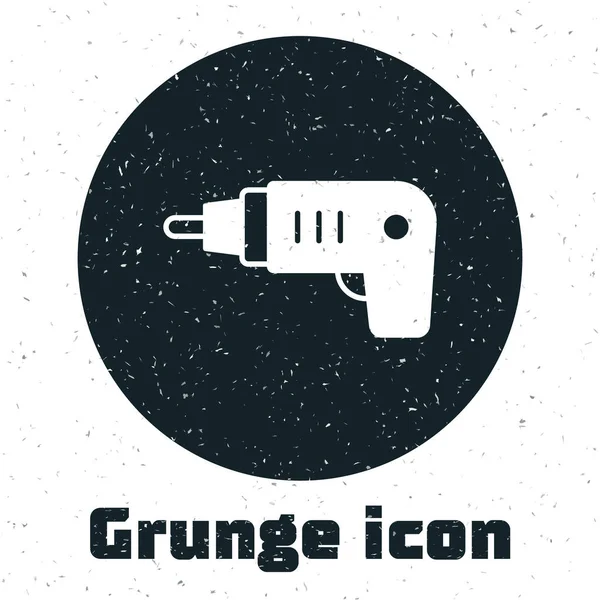 Ikona bezprzewodowego śrubokręta Grunge Electric izolowana na białym tle. Wiertarka elektryczna. Narzędzie naprawcze. Monochromatyczny rysunek rocznika. Wektor — Wektor stockowy