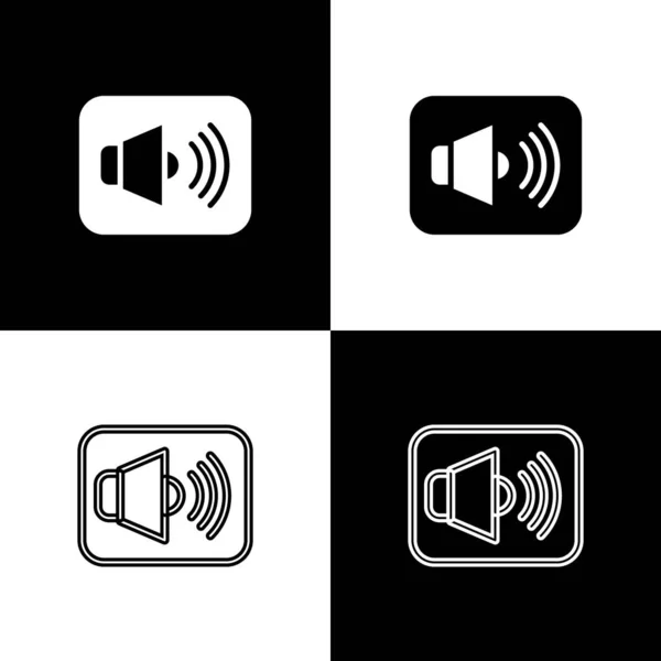 Establecer volumen del altavoz, sonido de voz de audio símbolo, icono de música multimedia aislado en el fondo blanco y negro. Vector — Vector de stock